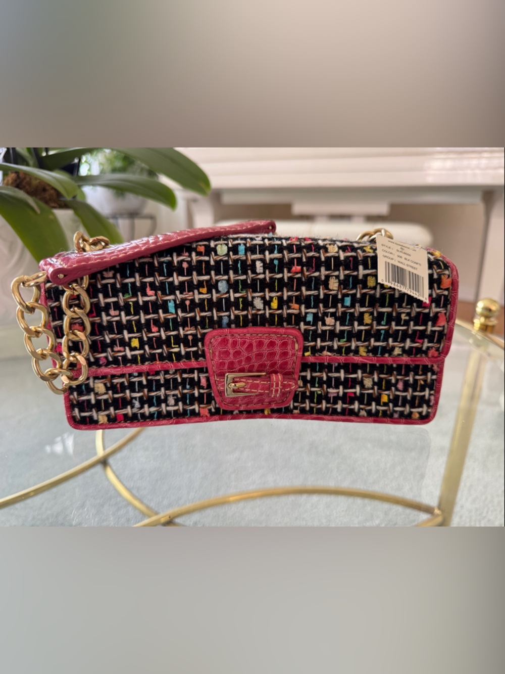 Multicolor Tweed Shoulder Bag with Pink Leather Trim